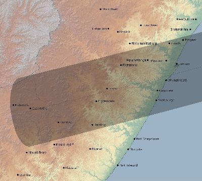 Map of the eclipse path across South Africa on 04/23/2107