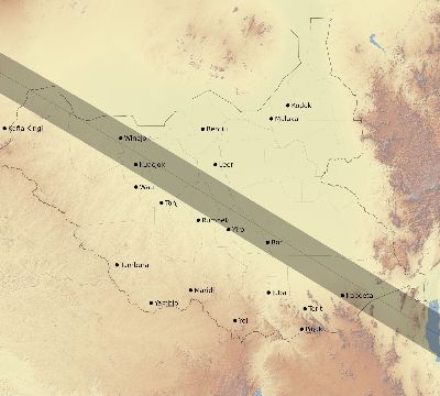 Map of the eclipse path across South Sudan on 10/16/2107