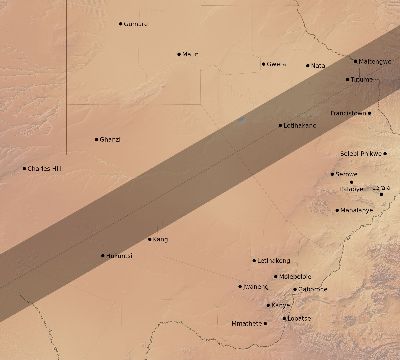 Map of the eclipse path across Botswana on 02/08/2111