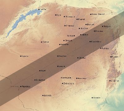 Map of the eclipse path across Zimbabwe on 02/08/2111
