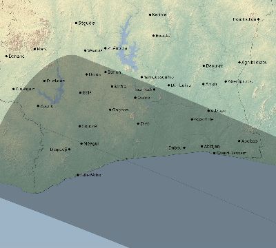 Map of the eclipse path across Côte d'Ivoire (Ivory Coast) on 11/27/2114