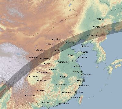 Map of the eclipse path across China on 03/22/2118