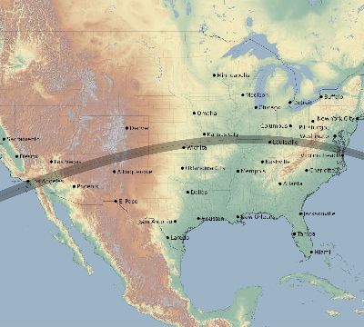 Map of the eclipse path across United States on 07/14/2121