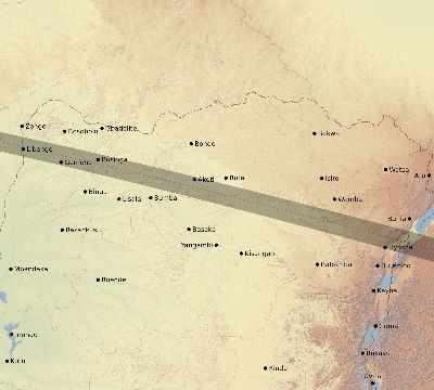 Map of the eclipse path across DR Congo on 05/03/2125