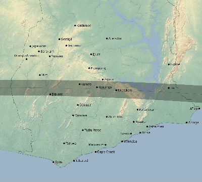 Map of the eclipse path across Ghana on 05/03/2125