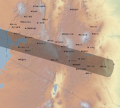 Map of the eclipse path across Kenya on 05/03/2125