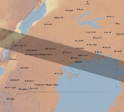 Map of the eclipse path across Uganda on 05/03/2125