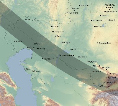 Map of the eclipse path across Kazakhstan on 10/16/2126