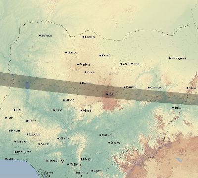 Map of the eclipse path across Nigeria on 03/01/2128