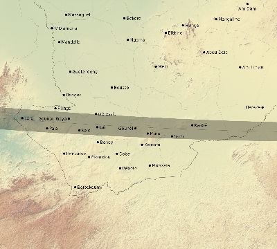 Map of the eclipse path across Chad on 03/01/2128