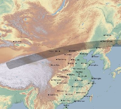 Map of the eclipse path across China on 08/15/2129