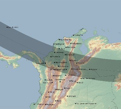 Map of the eclipse path across Colombia on 12/19/2131