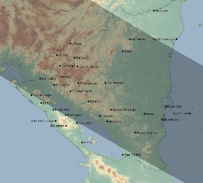 Map of the eclipse path across Nicaragua on 12/19/2131