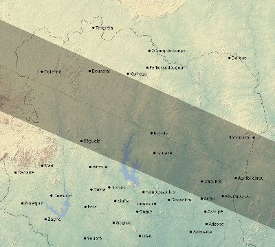 Map of the eclipse path across Côte d'Ivoire (Ivory Coast) on 06/13/2132