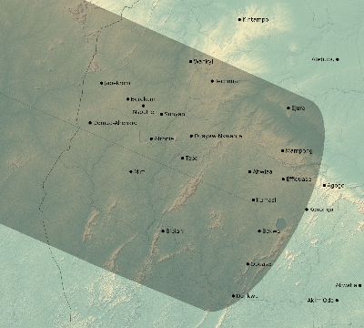 Map of the eclipse path across Ghana on 06/13/2132