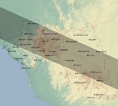 Map of the eclipse path across Guinea on 06/13/2132
