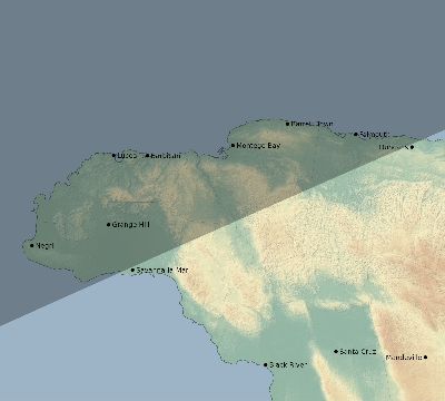 Map of the eclipse path across Jamaica on 06/13/2132