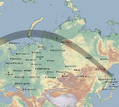 Map of the eclipse path across Russia on 06/03/2133