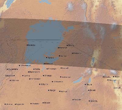 Map of the eclipse path across Tanzania on 04/13/2135