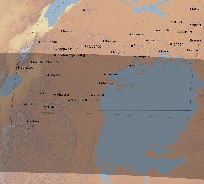 Map of the eclipse path across Uganda on 04/13/2135
