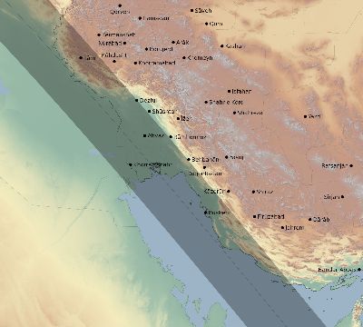 Map of the eclipse path across Iran on 10/07/2135