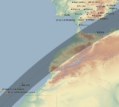 Map of the eclipse path across Spain on 04/01/2136