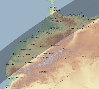 Map of the eclipse path across Morocco on 04/01/2136