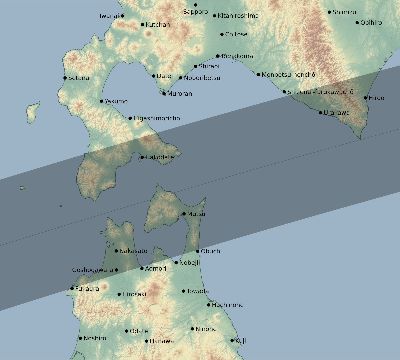 Map of the eclipse path across Japan on 07/25/2139