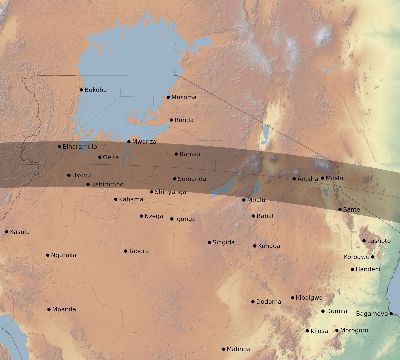 Map of the eclipse path across Tanzania on 07/14/2140