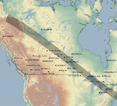Map of the eclipse path across Canada on 10/26/2144