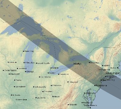 Map of the eclipse path across United States on 10/26/2144