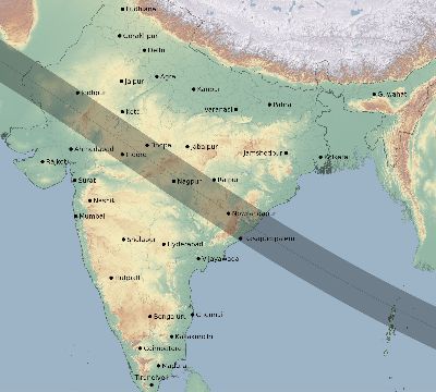 Map of the eclipse path across India on 08/26/2147