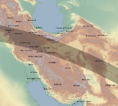 Map of the eclipse path across Iran on 08/26/2147