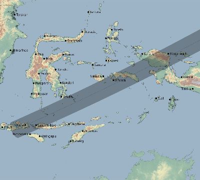 Map of the eclipse path across Indonesia on 06/25/2150