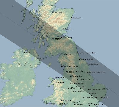 Map of the eclipse path across United Kingdom on 06/14/2151