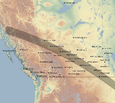 Map of the eclipse path across Canada on 10/17/2153