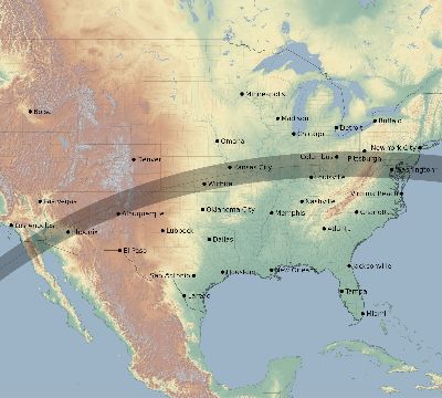 Map of the eclipse path across United States on 04/12/2154