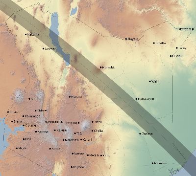 Map of the eclipse path across Kenya on 10/07/2154