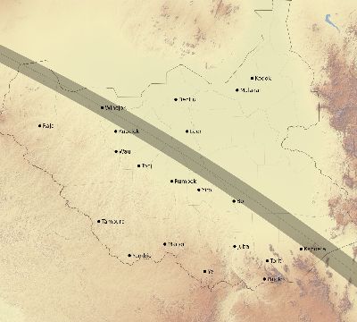 Map of the eclipse path across South Sudan on 10/07/2154