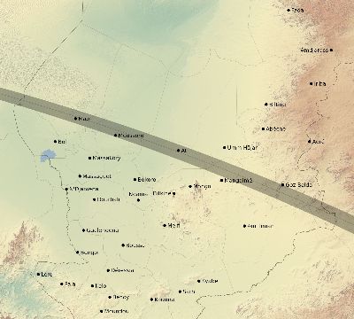 Map of the eclipse path across Chad on 10/07/2154