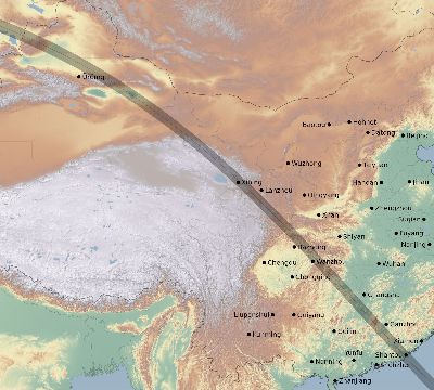 Map of the eclipse path across China on 08/05/2157