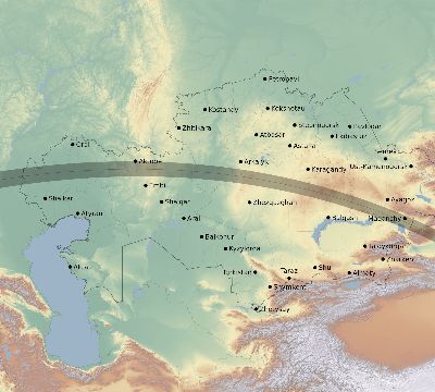 Map of the eclipse path across Kazakhstan on 08/05/2157