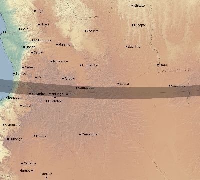 Map of the eclipse path across Angola on 01/30/2158
