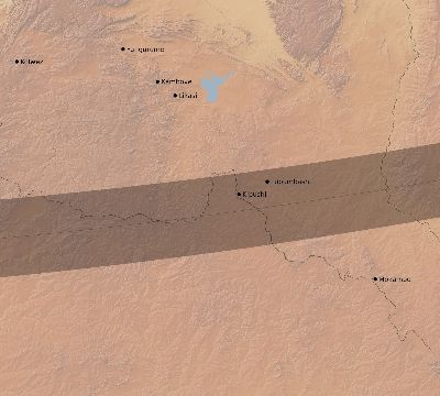 Map of the eclipse path across DR Congo on 01/30/2158