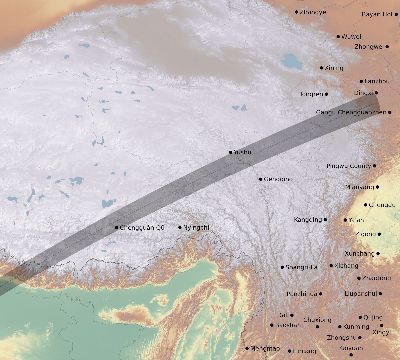 Map of the eclipse path across China on 01/30/2158