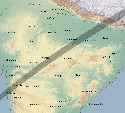 Map of the eclipse path across India on 01/30/2158