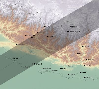 Map of the eclipse path across Nepal on 01/30/2158