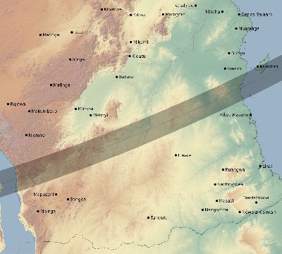Map of the eclipse path across Tanzania on 01/30/2158