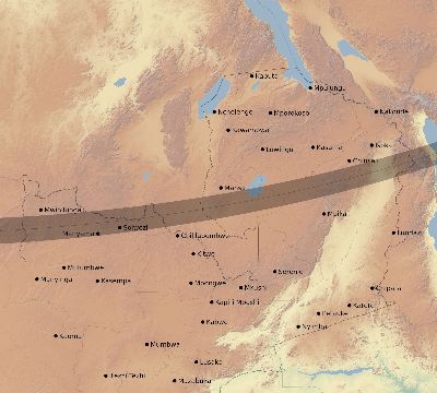 Map of the eclipse path across Zambia on 01/30/2158