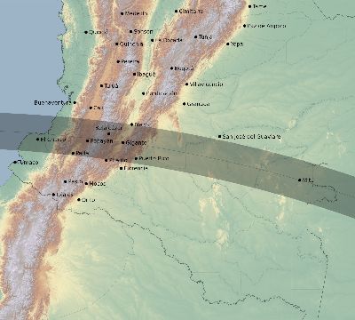 Map of the eclipse path across Colombia on 07/25/2158